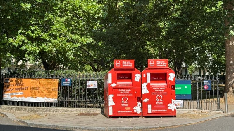 Clothing donation bins ready to receive donations